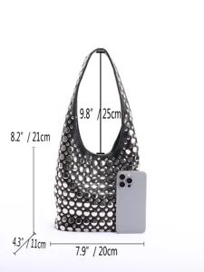 Black punk-style rivet-studded shoulder bag dimensions showing height, width, and depth
