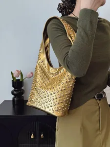 Women's Punk Style Studded Bucket Bag European Fashion PU Leather Underarm Shoulder Bag Metal Rivet Sequin Bag For Daily Party