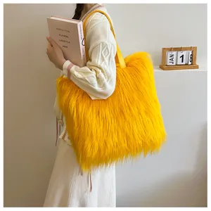 Model carrying a vibrant yellow long-haired faux fur tote bag in a lifestyle setting