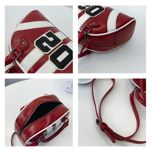 Detail views of red and white bowling handbag with number 20 and adjustable shoulder strap