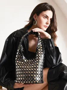 Women Punk Style Rivet Bucket Bag PU Leather Underarm Shoulder Bag Rock Fashion Studded Hobo Bag Streetwear Party Tote