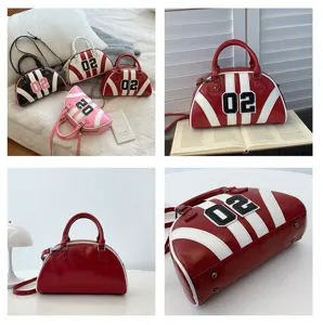 Vintage style bowling bag featuring oil wax leather, color block stripes and number 02