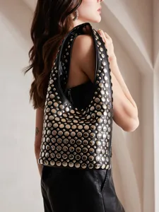 Punk style black leather bucket bag with silver stud embellishments, underarm shoulder bag