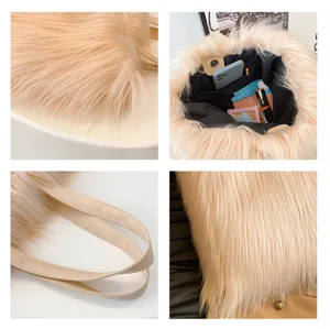 Macro view of shaggy faux fur tote bag showing long fur texture and interior pockets.