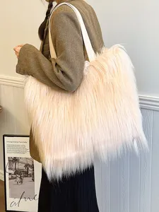 Large apricot fluffy faux fur tote bag with long hair plush texture for stylish women.