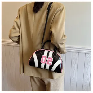 Stylish color block bowling handbag with pink number 02 decoration on oil leather