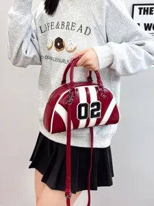 Women Retro Bowling Bag Contrast Color PU Leather Patchwork Handbag Number Decor Top Handle Bag Vintage Shoulder Bag