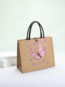 Detailed view of eco-friendly jute tote bag with pink butterfly print and Love life text