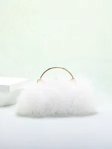 Elegante pochette in tulle bianco con ruches e manico tondo dorato per la sposa