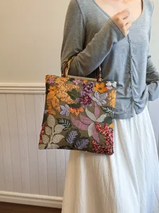 Vintage Linen Handbag Women Bamboo Handle Floral Embroidery Sequin Evening Bag Bohemian Ethnic Top Handle Party Handbag Bag
