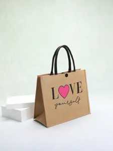 Sustainable eco-friendly jute linen tote bag with 'LOVE yourself' print and pink heart detail