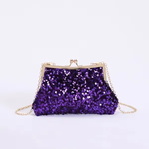 Elegante violette Abendtasche mit Pailletten, goldenem Verschluss und langer Kette