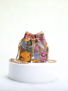 Elegant new Chinese style floral embroidered bucket bag with sequins and gold chain strap