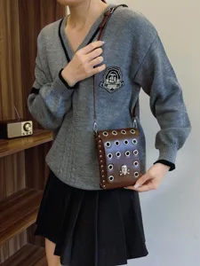 Gothic dark style brown crossbody small square bag with skull ornament and metal grommets