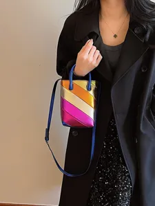 Women's Metallic Color-Block PU Leather Bucket Bag Western Fashion Diagonal Stitching Small Top Handle Crossbody Handbag