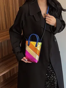 Small metallic rainbow diagonal stripe crossbody bag with blue handles for women