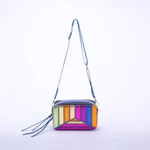 Detailed view of a colorful metallic striped camera bag with blue shoulder strap