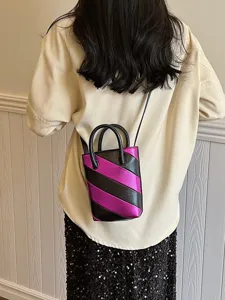 Fashionable mini bucket bag with metallic purple and black diagonal stripes PU leather