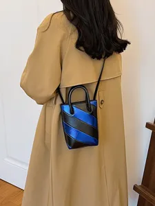 Stylish blue and black diagonal striped PU leather small bucket bag with top handle and strap