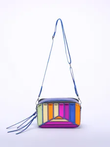 Retro color-blocking camera crossbody bag with rainbow pattern and tassel detail