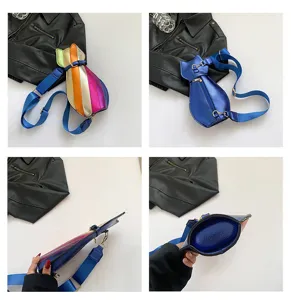 Collage showing front, side and interior views of a cat-shaped metallic crossbody bag.