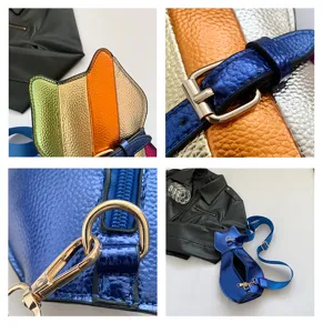 Detail macro shots of metallic cat-shaped crossbody bag showing patchwork and gold hardware