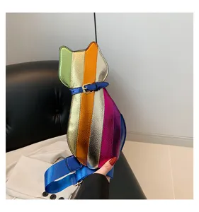 Detail of cat-shaped chest bag with colorful metallic stripes and blue strap