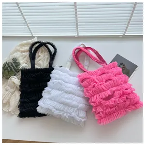 Sweet ruffled mesh tote bags in black white and pink fairy style pleated handbags