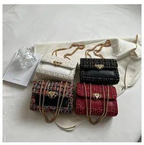 Detailed view of four colorful tweed chain bags with elegant gold hardware on white background.