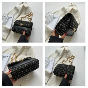 Detailed multi-angle view of black tweed check chain bag with gold hardware