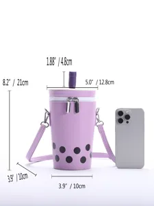 Purple boba tea cup crossbody bag size comparison with dimensions in inches and cm