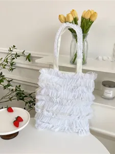 Women Lace Mesh Ruffle Shoulder Bag Tulle Layered Tote Bag Sweet Fairy Pleated Cake Skirt Style Handbag Summer Beach Travel Bag