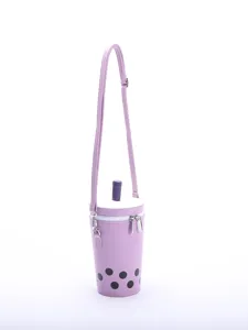 Cute purple bubble tea shaped crossbody bag with boba straw detail on plain white background