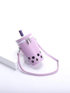 Creative purple boba tea cup shaped crossbody bag with decorative straw detail