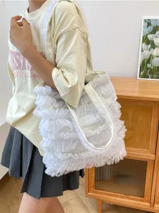 Sweet white ruffled lace tote bag with tiered mesh design for fairy style women's fashion