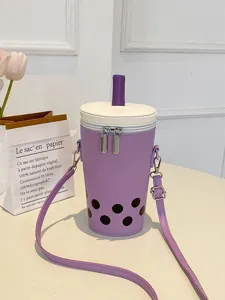 Women Cute Milk Tea Cup Shaped Crossbody Bag Macaron Color PU Leather Novelty Shoulder Bag Straw Decor Polka Dot Pearl Design