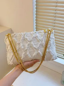 Damen weisse gesteppte Jeans Schultertasche mit dicker Goldkette laessige Handtasche chic