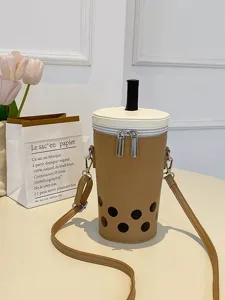 Creative milk tea cup shaped crossbody bag in warm brown with pearl dot pattern for women