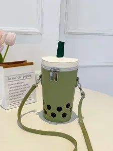 Cute milk tea cup shaped crossbody bag in macaron green with straw detail for women