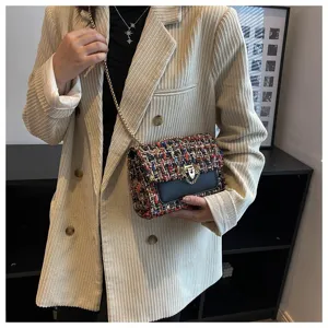 Detail view of a chic tweed crossbody bag featuring a gold chain strap on a model.