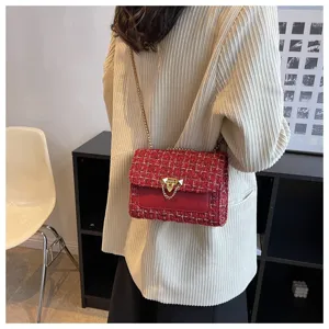 Elegant red tweed plaid chain crossbody bag for women with stylish gold hardware detail