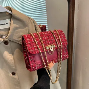 Women's Elegant Tweed Chain Crossbody Bag Quilted Small Square Shoulder Bag Plaid Lady Fashion Messenger Purse With Metal Lock