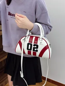 Fashionable women's bowling bag with red and white color-blocking and 02 decoration