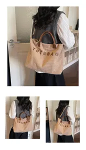 Corduroy tote bag with brown leather handles and letter print for daily commute and casual use.