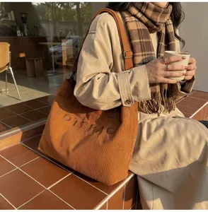 Brown corduroy tote bag with letter embroidery, casual large capacity shoulder bag for women.