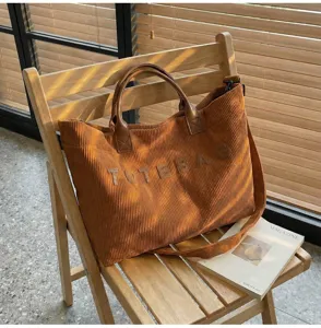 Corduroy tote bag for women, large capacity shoulder handbag with handle. Detail view.