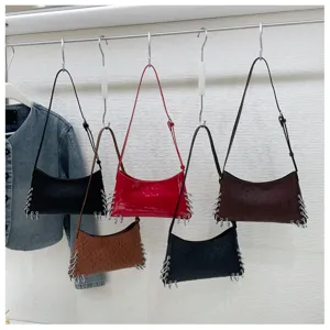 Women shoulder bag punk style patent leather underarm bag metallic rings chic handbag