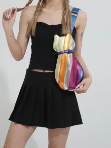 Trendy rainbow cat-shaped crossbody chest bag for women with vibrant color block design