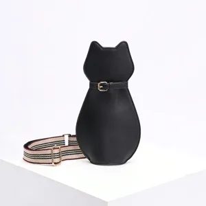 Cute cat-shaped black leather crossbody bag with decorative belt and striped strap