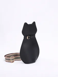 Detailed view of the cute black cat-shaped crossbody bag with gold buckle accent